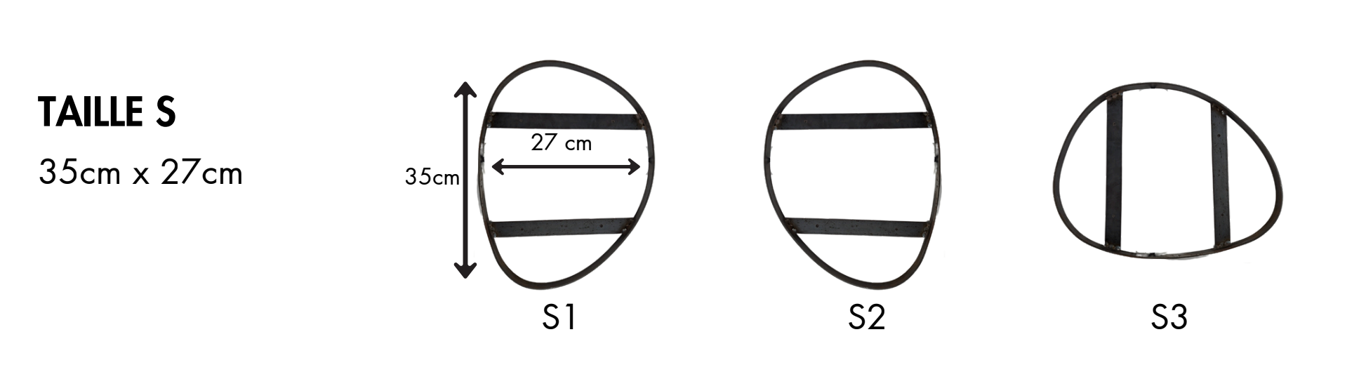 Diagramme avec trois formes ovales et une forme arrondie, chacune ayant des barres horizontales. La taille des formes est indiquée comme 35 cm par 27 cm, avec une largeur de 27 cm pour la forme S1. Les formes sont étiquetées S1, S2, et S3.