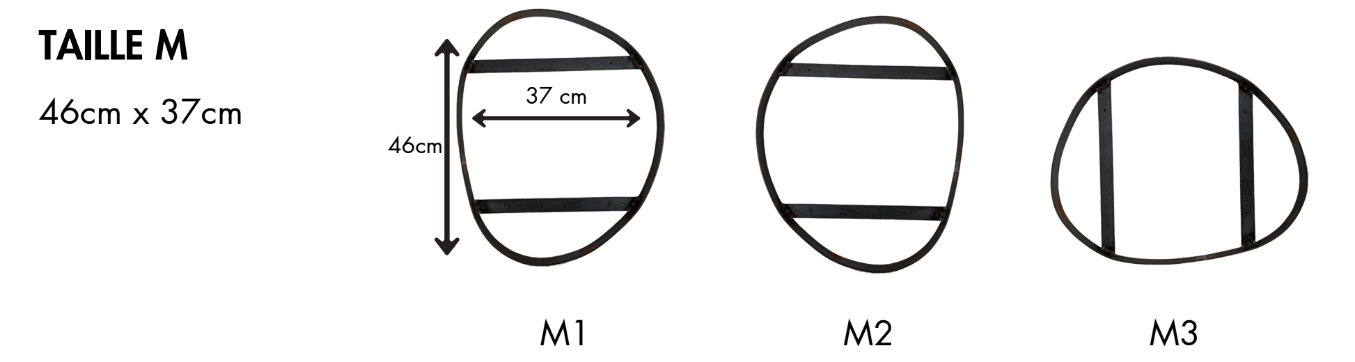 Schémas de trois supports de taille M en métal, avec dimensions indiquées en centimètres : M1 avec un diamètre de 37 cm et une hauteur de 46 cm ; M2 un peu différent, et M3 avec une structure différente, tous conçus pour supporter une charge ou une u