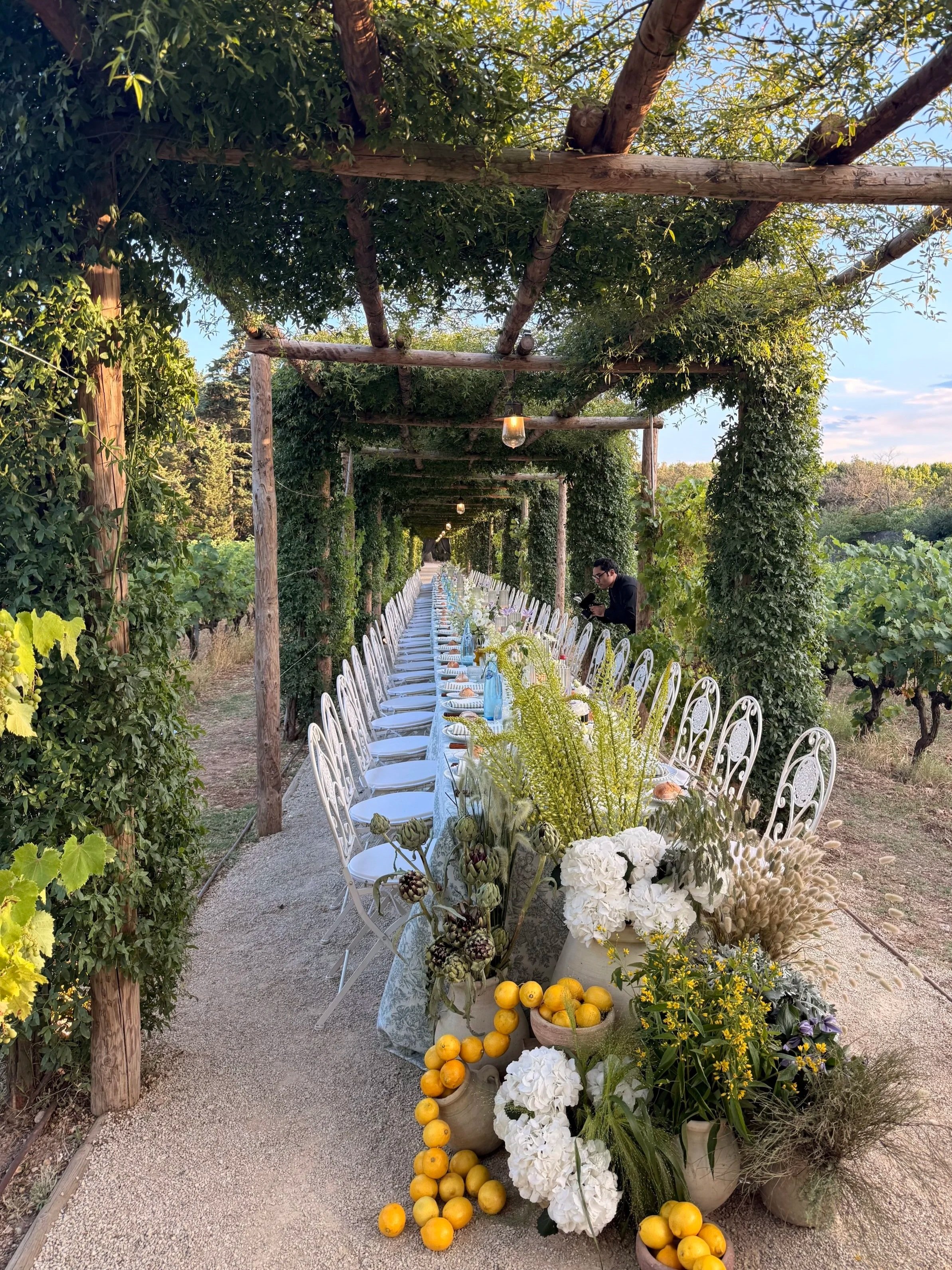 Al fresco wedding tablescape with lemons and florals under a pergola at an Italian destination wedding