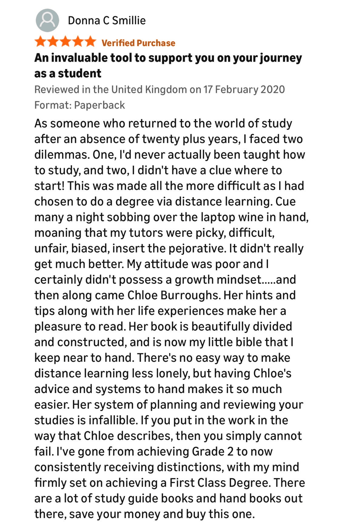 Customer review of the Return to Study handbook, highlighting its helpful tips and benefits for students.