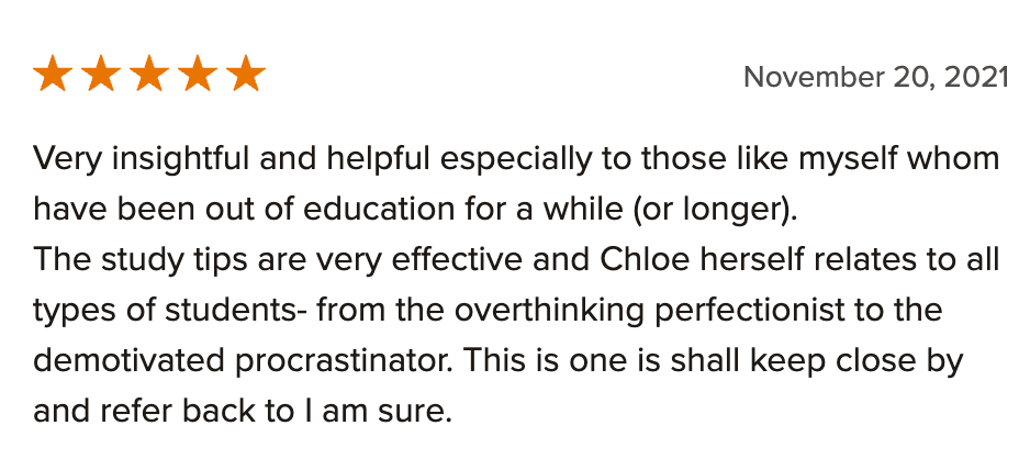 Review with five stars, date November 20, 2021, praising the helpfulness of study tips for students, mentioning Chloe, and referencing various types of students from perfectionists to procrastinators.