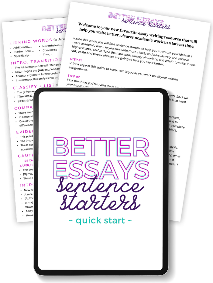 Cover of a guide titled 'Better Essays Sentence Starters' with subtitle 'quick start' in turquoise, featuring purple and black text.