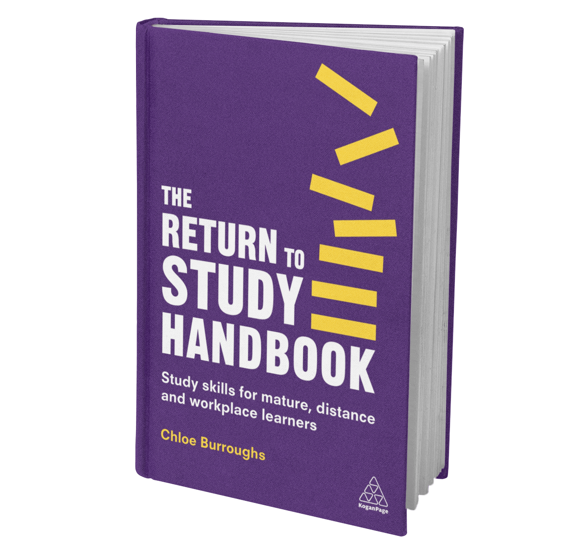 Purple book titled "The Return to Study Handbook" with yellow design elements on the cover, authored by Chloe Burroughs, with additional text about study skills for mature, distance, and workplace learners.