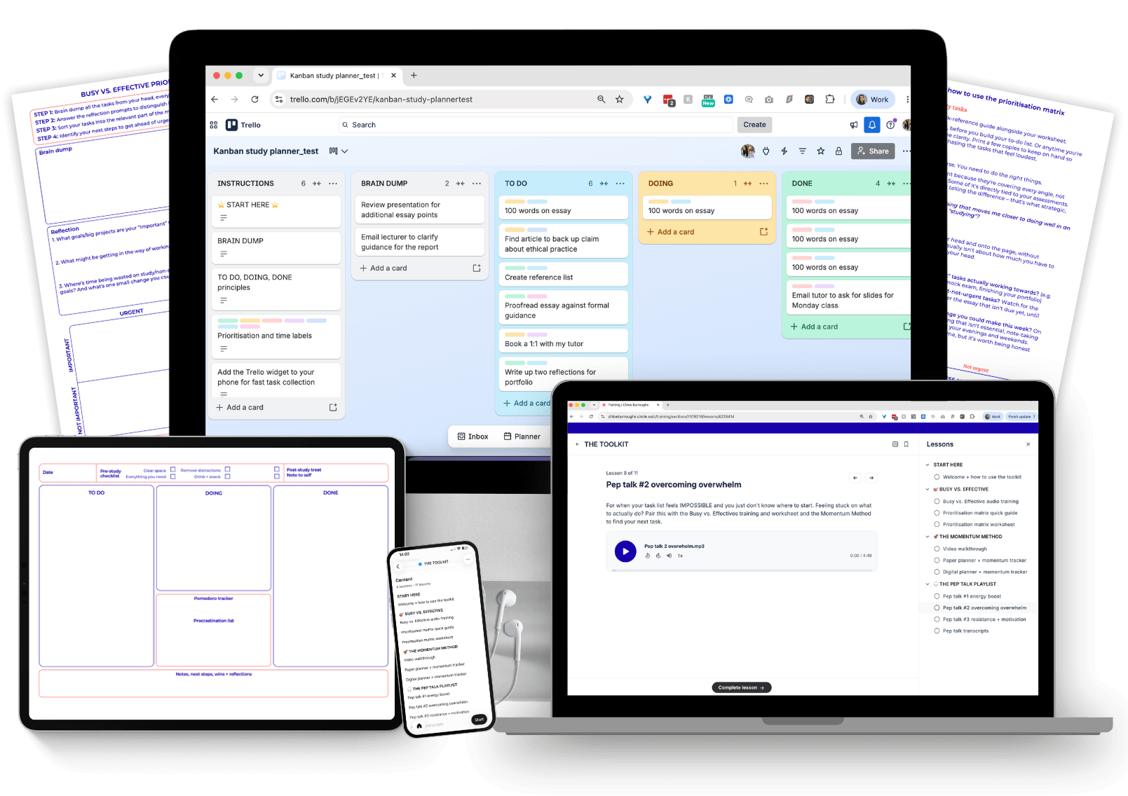 Mockup of imac, macbook, ipad and iphone showing the resources included in Chloe Burroughs's Study Momentum Toolkit