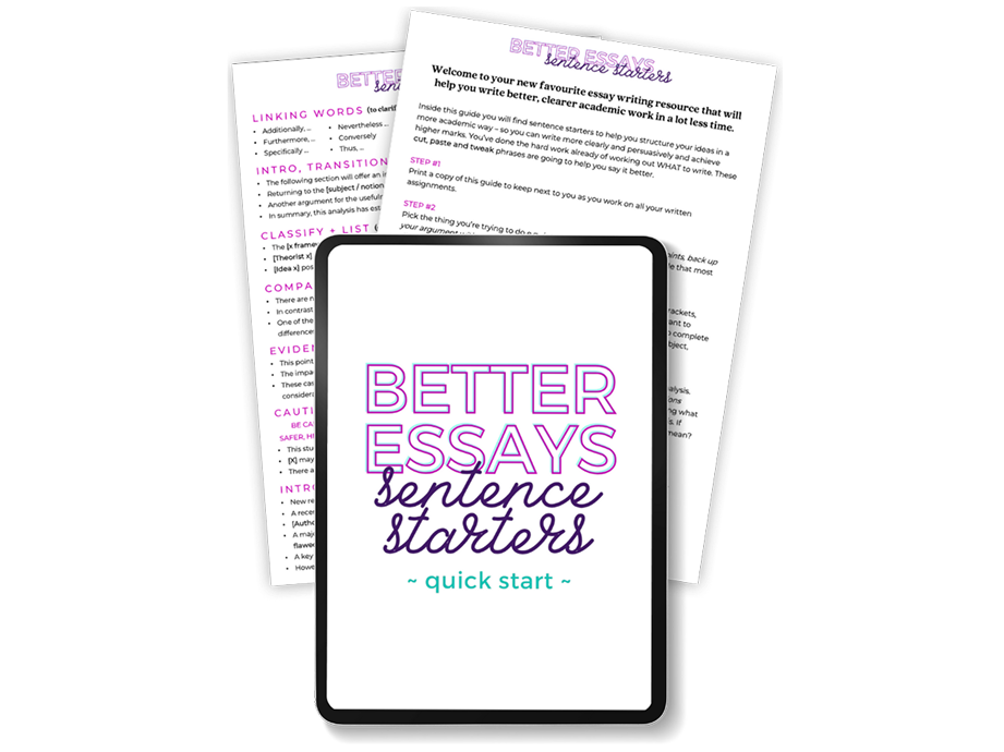 Cover of a guide titled "Better Essays Sentence Starters - Quick Start" with accompanying pages partially visible behind it.