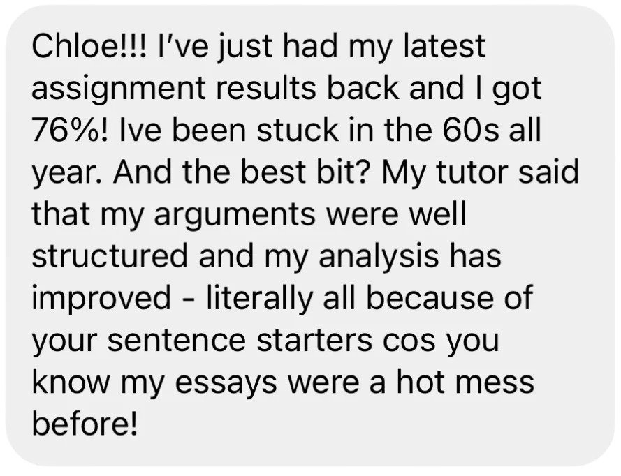 A screenshot of a text message sharing excitement about recent academic improvements and praise for a tutor, mentioning better structured arguments and sentence starters.