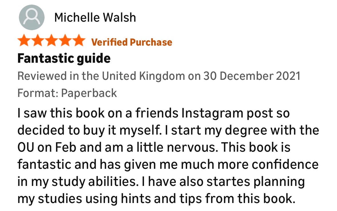 Screenshot of a verified Amazon book review by Michelle Walsh for 'The Return to Study Handbook' , praising the book for boosting confidence and studying skills.