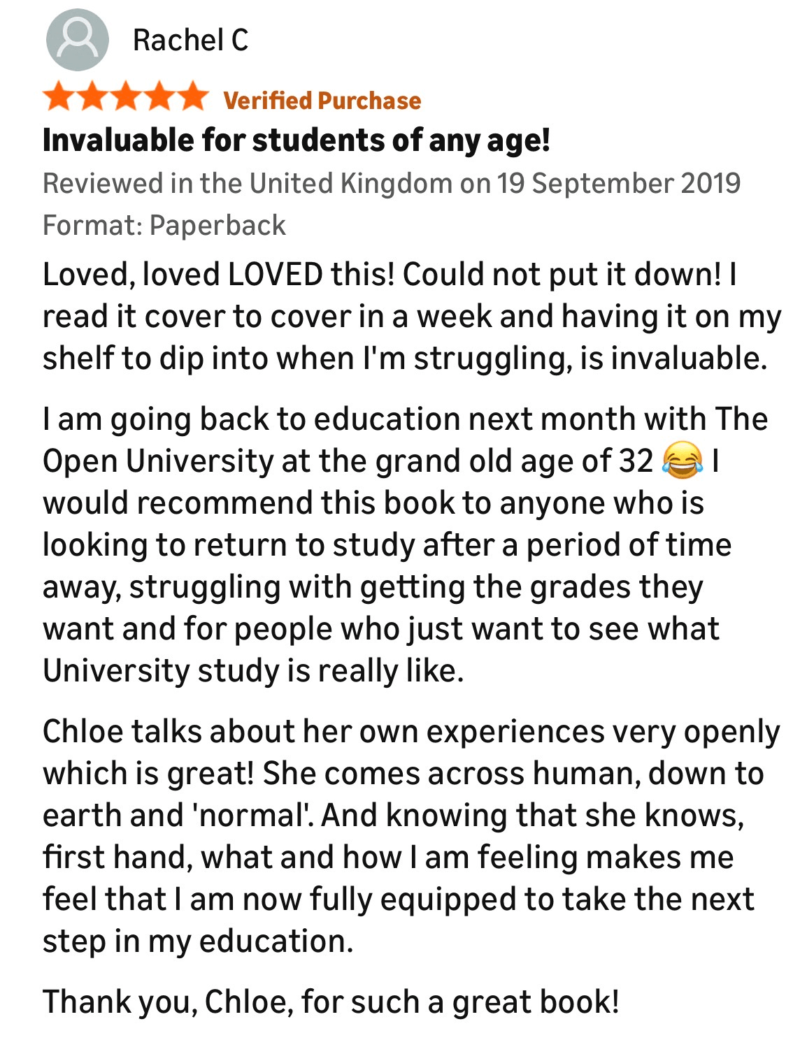 Review for the Return to Study Handbook. The review includes a five-star rating, detailed positive comments about the book and its impact including being "invaluable for students of any age".