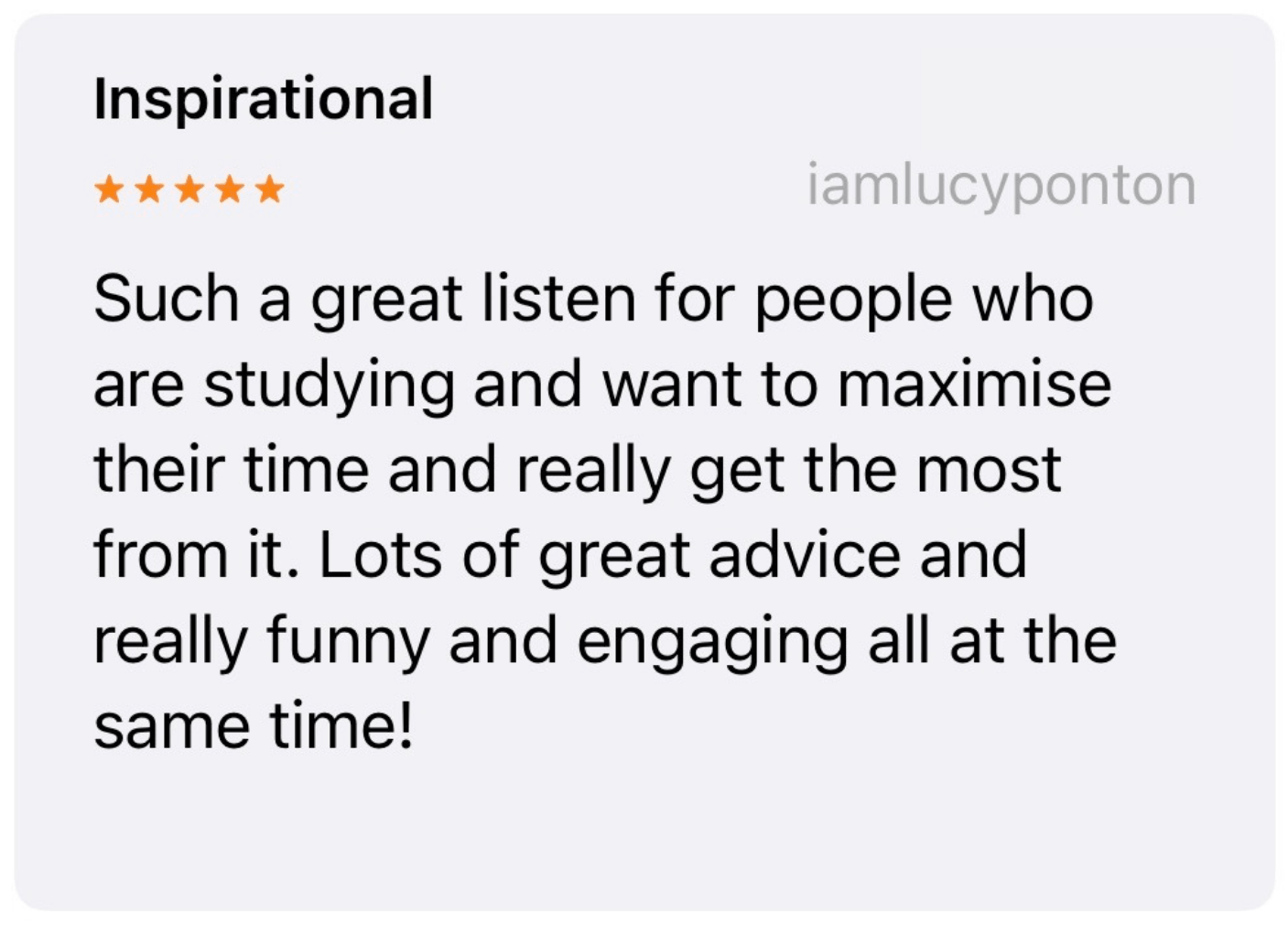 Review with five stars praising the Chloe Made Me Study podcast for students with advice and humour.