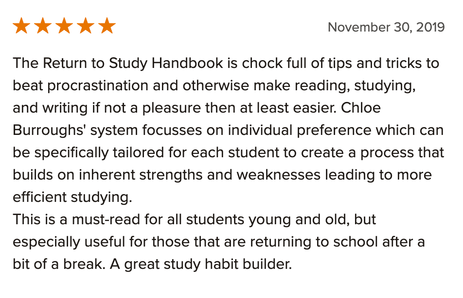 Book review with five stars, date November 30, 2019, describing 'The Return to Study Handbook' as a helpful guide for studying and writing, focusing on individual preferences and effective habits for students.