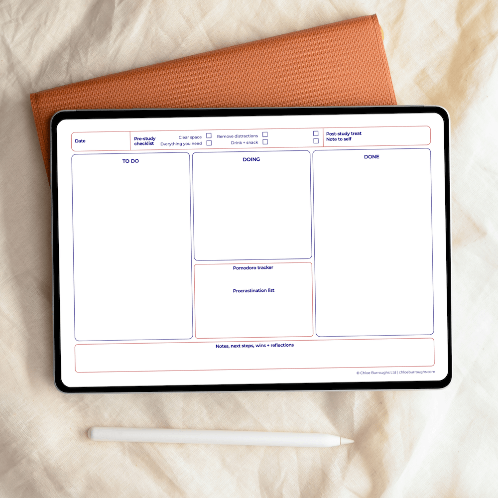 Ipad displaying the Study Momentum Toolkit planner, lying on a bed next to an Apple Pencil