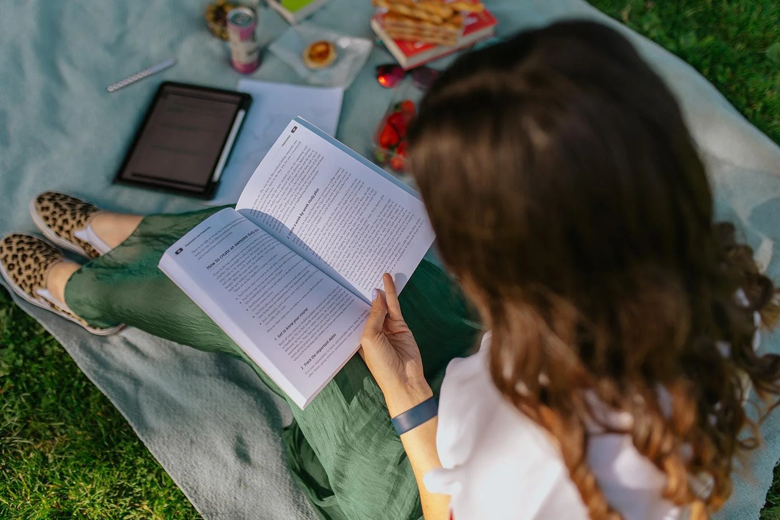 A person with curly brown hair sitting on a gray blanket on the grass, reading a booklet. They wear leopard print slip-on shoes, green pants, and a white shirt. Items around on the blanket include a tablet device, snacks, a strawberry, and a cylindrical container.