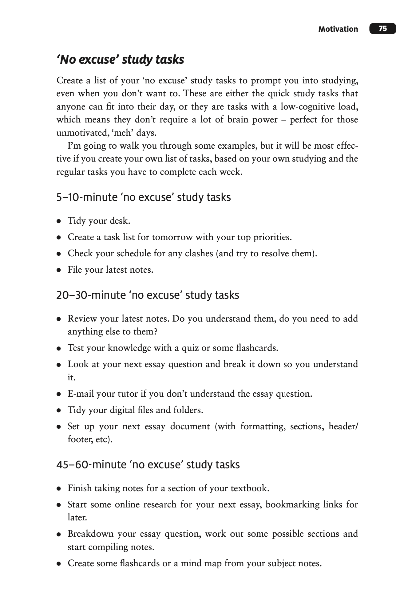 This page from the Return to Study Handbook provides tips for creating effective 'no excuse' study tasks, including organising files, making task lists, reviewing notes, and using flashcards.