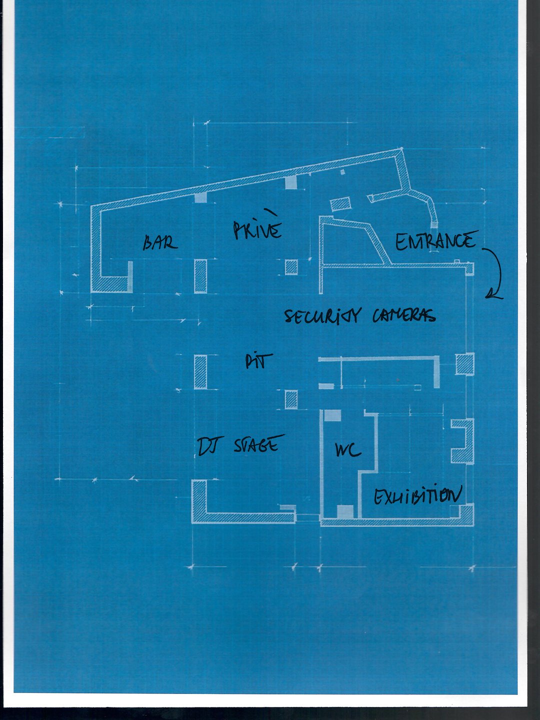 Pianta di un locale che sembra un nightclub o un evento, con aree designate come bar, area privata, ingresso, area di sicurezza con telecamere, palco DJ, bagno, esposizione, e un'area pit.