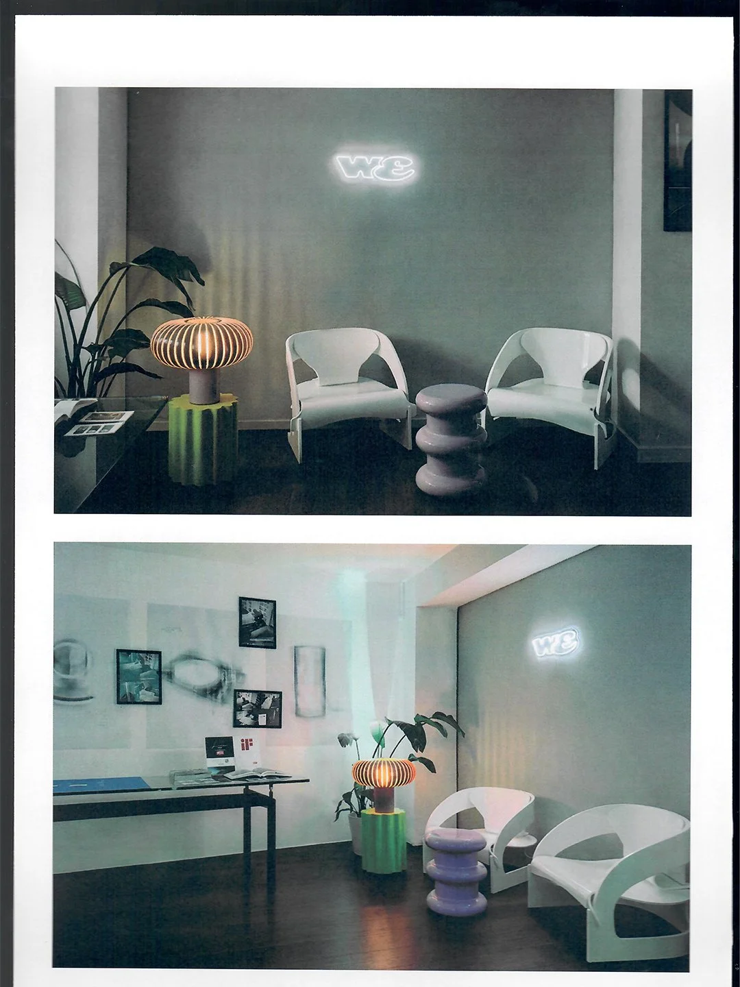 Interno di uno spazio con divani bianchi, lampada di design, piante e decorazioni moderne, con un neon WIÈ sul muro.
