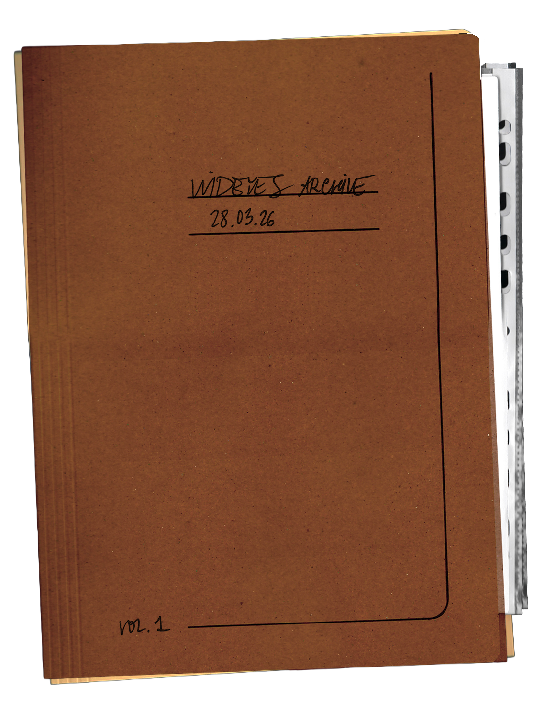 Copertina di un archivio di cartelle di colore marrone con scritta a mano 'WIDEYES ARCHIVE 28.03.26', e in basso a sinistra 'Vol. 1'.