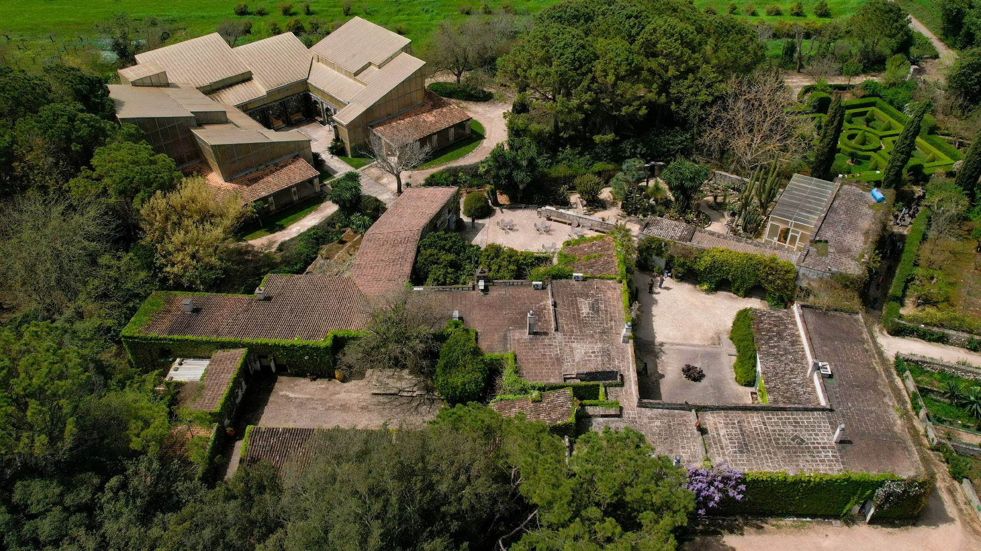 Veduta aerea di una tenuta con diverse case, un giardino con piante e alberi, e una serra.