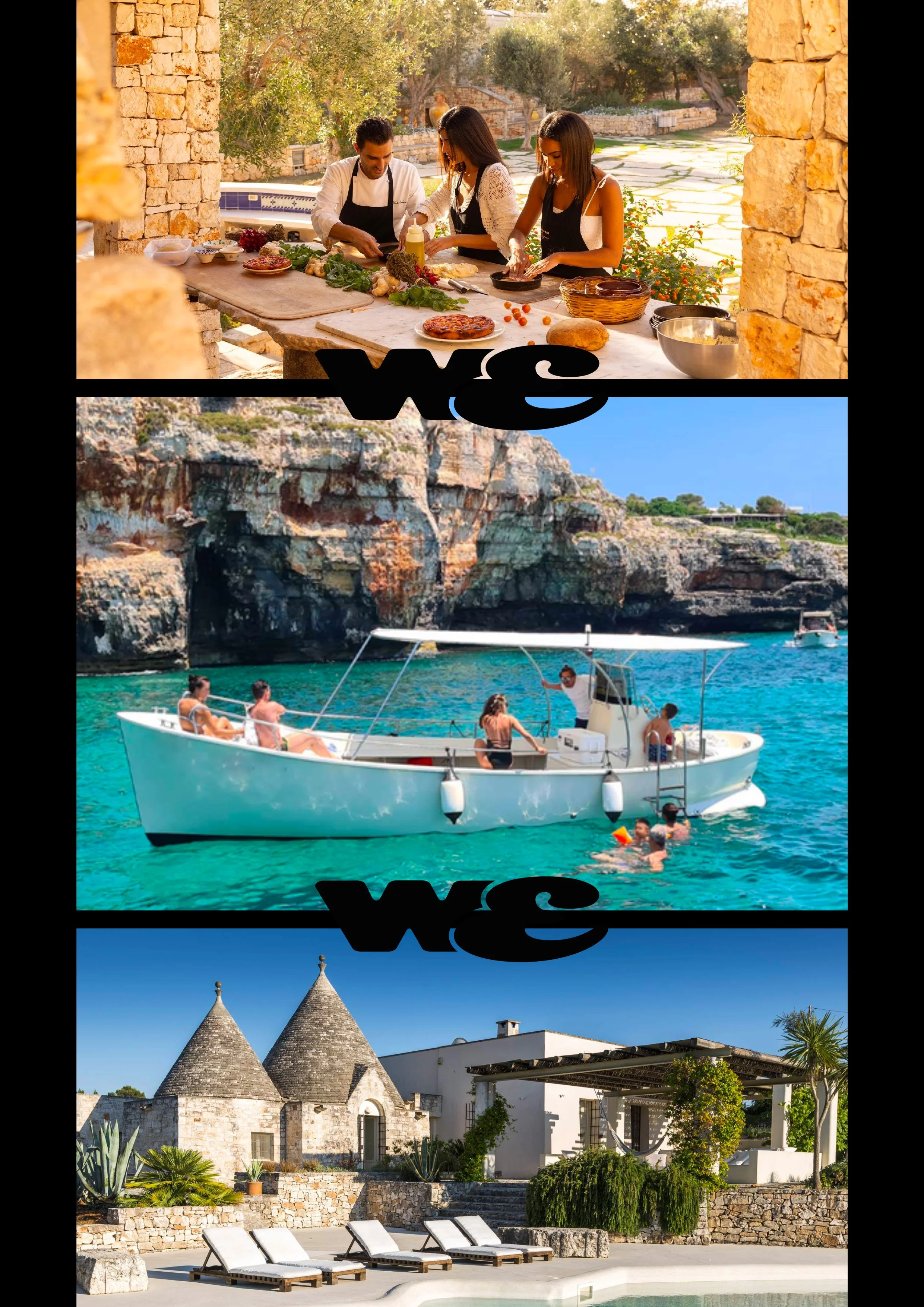Cucina all'aperto con tre persone che preparano il cibo, con un paesaggio naturale sullo sfondo. Immagine di una barca con persone che si godono la vacanza in mare, con scogli e acqua cristallina. Architettura tipica con tetti a coni in pietra e aree relax con sdraio a bordo piscina, circondate da piante e verde.