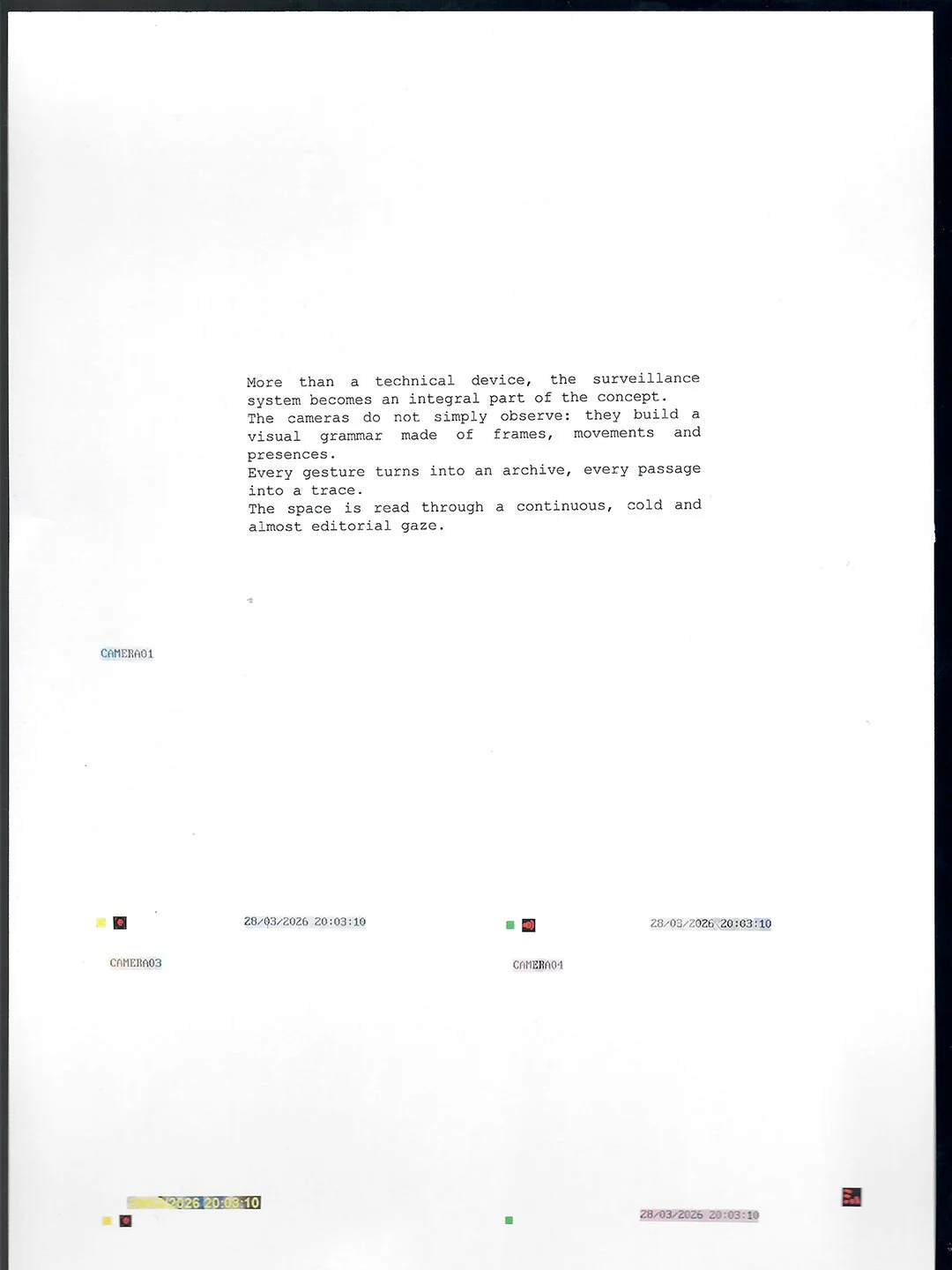 Una pagina di testo con commenti sulla funzione di un sistema di sorveglianza, accompagnata da alcune piccole icone di registrazione e data/ora in basso.