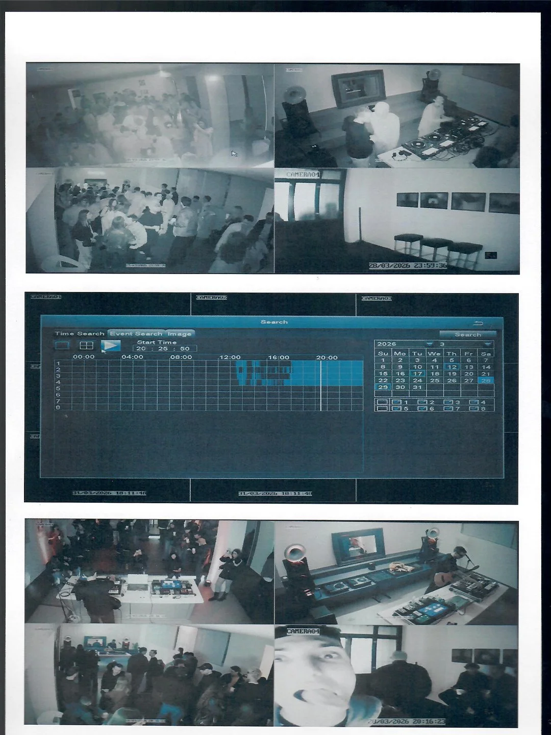 Schermata di un sistema di videosorveglianza con diverse telecamere che riprendono eventi in ambienti interni, inclusa una sala conferenze, un'area di attesa e un laboratorio, con un'interfaccia di ricerca cronologia degli eventi.