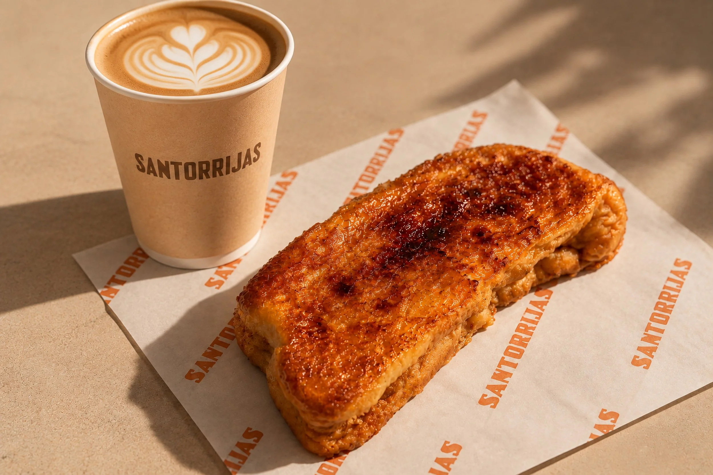Una taza de café con leche decorado con arte latte y un sándwich de pollo empanizado en papel con el logotipo 'Santorrijas'.