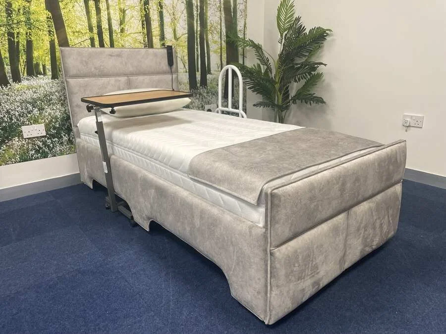 Hospital bed with adjustable side rails, a padded headboard, and a tray table on a blue carpet in a room with a nature-themed wall mural and a green plant.