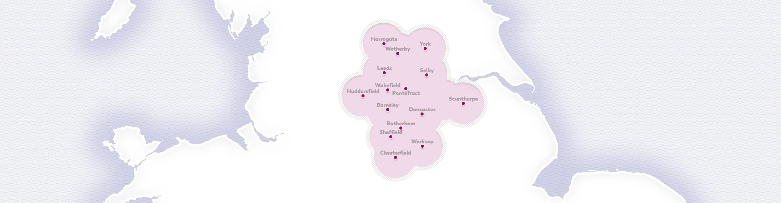 Map of Yorkshire, England, highlighting cities such as Harrogate, Wetherby, York, Leeds, Selby, Wakefield, Pontefract, Huddersfield, Barnsley, Doncaster, Sheffield, Rotherham, Chesterfield, Sheffield, Worksop, and Scunthorpe.