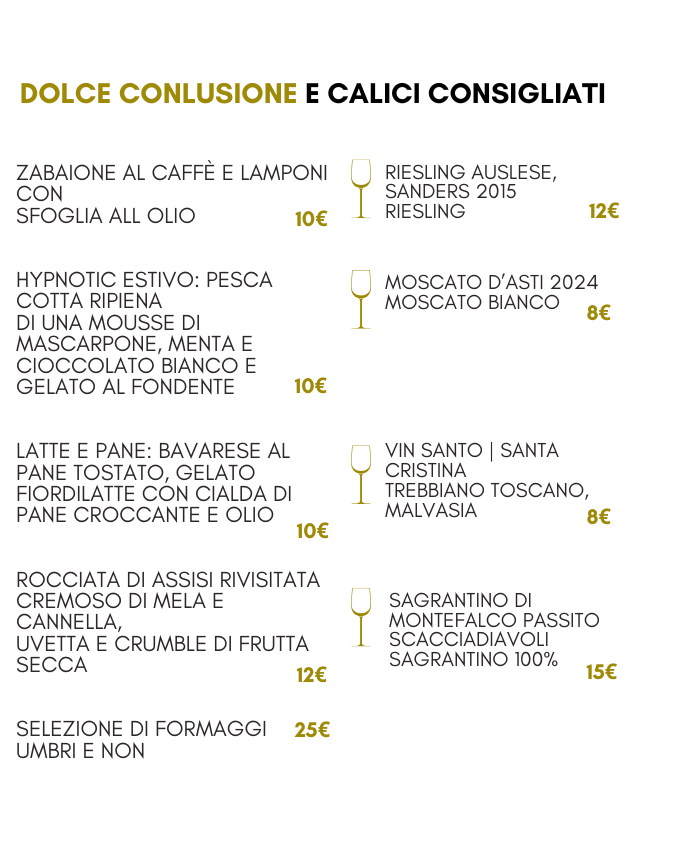 Wine and food menu del ristorante il Frantoio di Assisi, featuring various wines and dishes with prices in euros.