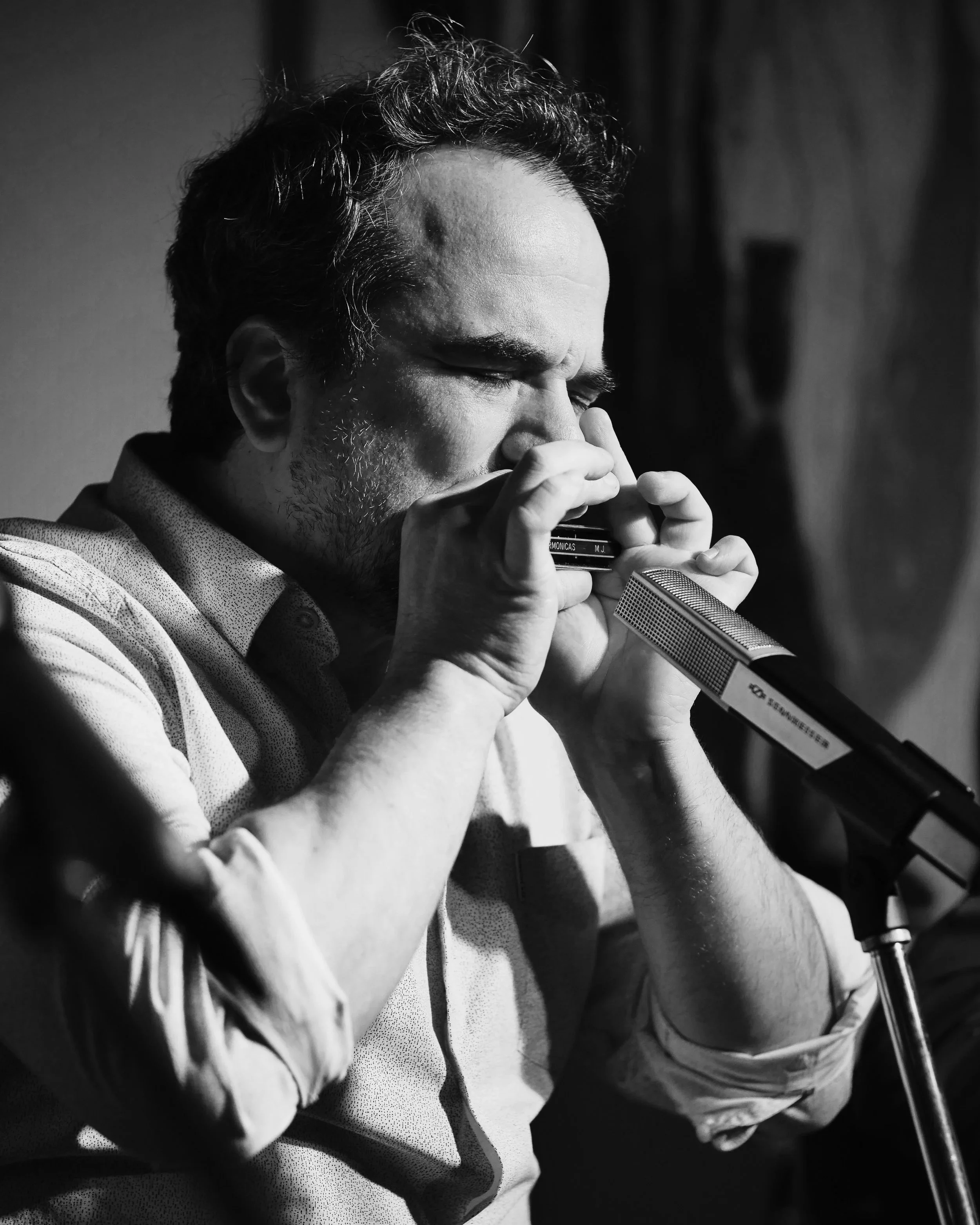 Marko Jovanović spielt mit geschlossenen Augen Mundharmonika am Mikrofon.