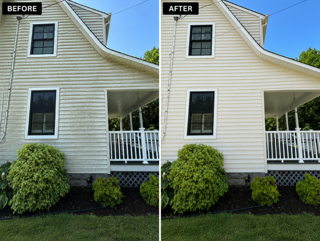 Professional house soft washing before and after by  Red Helmet Power Washing in Stevenson, Maryland.