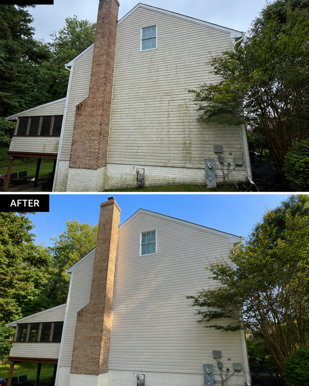 Before and after house soft washing by  Red Helmet Power Washing in Owings Mills, Maryland