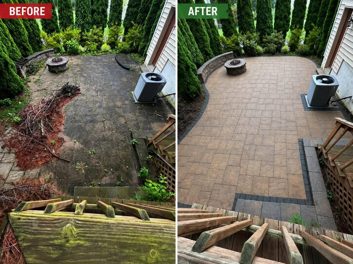 Comparison of two photos showing a backyard before and after renovation. The 'before' image features a dirty, uneven stone patio with debris, a fire pit, and overgrown plants. The 'after' image displays a clean, neatly paved patio with new, uniform tiles and a well-maintained appearance.