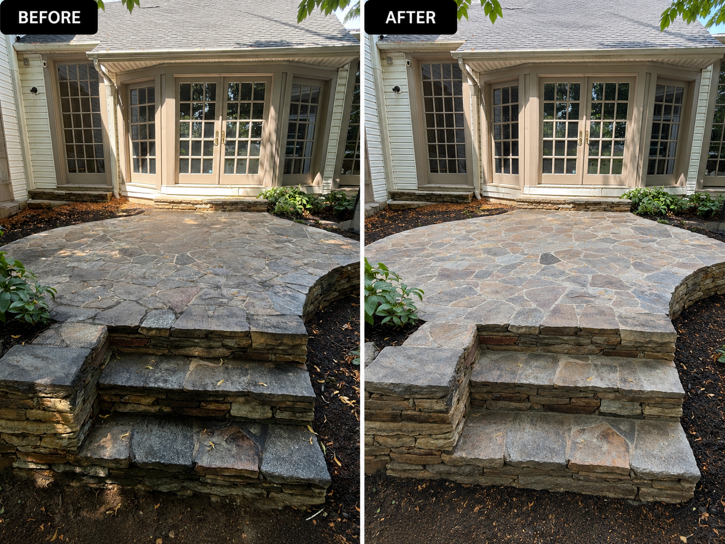 Before and after stone patio cleaning by Red Helmet Power Washing in Pikesville, Maryland.