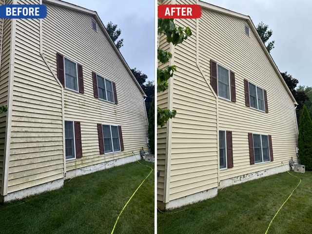 Professional house soft washing before and after transformation by  Red Helmet Power Washing in Timonium, MD
