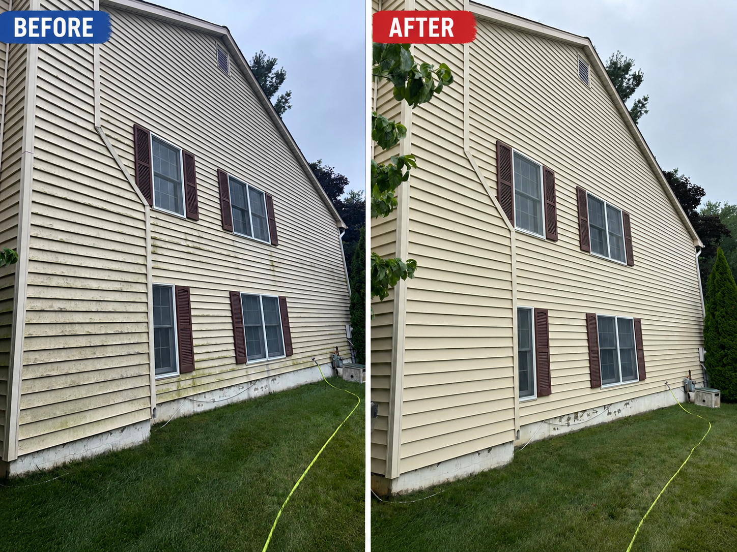 Professional house soft washing before and after picture by  Red Helmet Power Washing in Timonium, Maryland