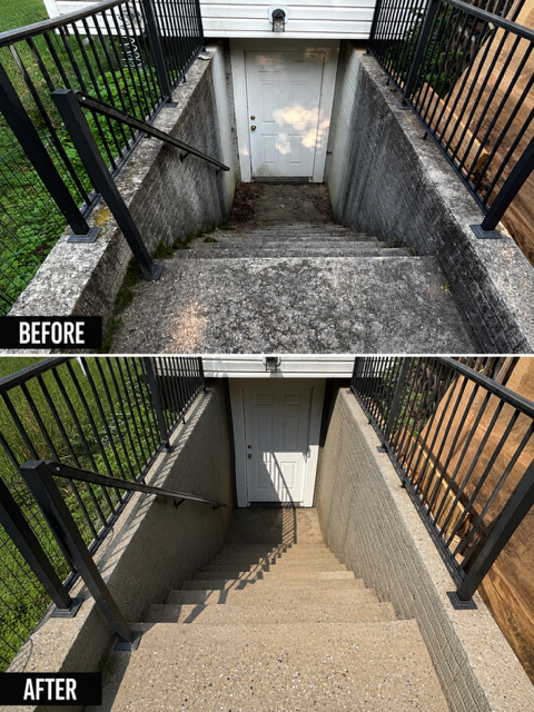 Concrete cleaning by  Red Helmet Power Washing removing years of algae and mold in Owings Mills, Maryland. 