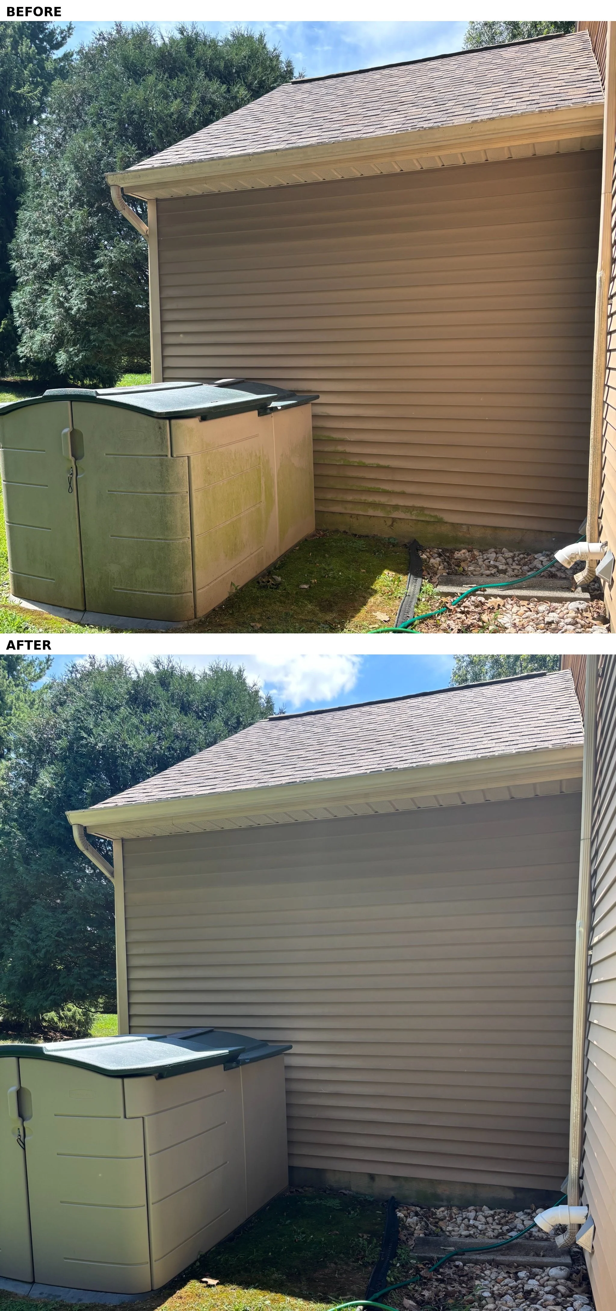 Comparison of a house corner with mossy dirt and a plastic storage container before cleaning in the "before" photo, and clean siding and no moss in the "after" photo.
