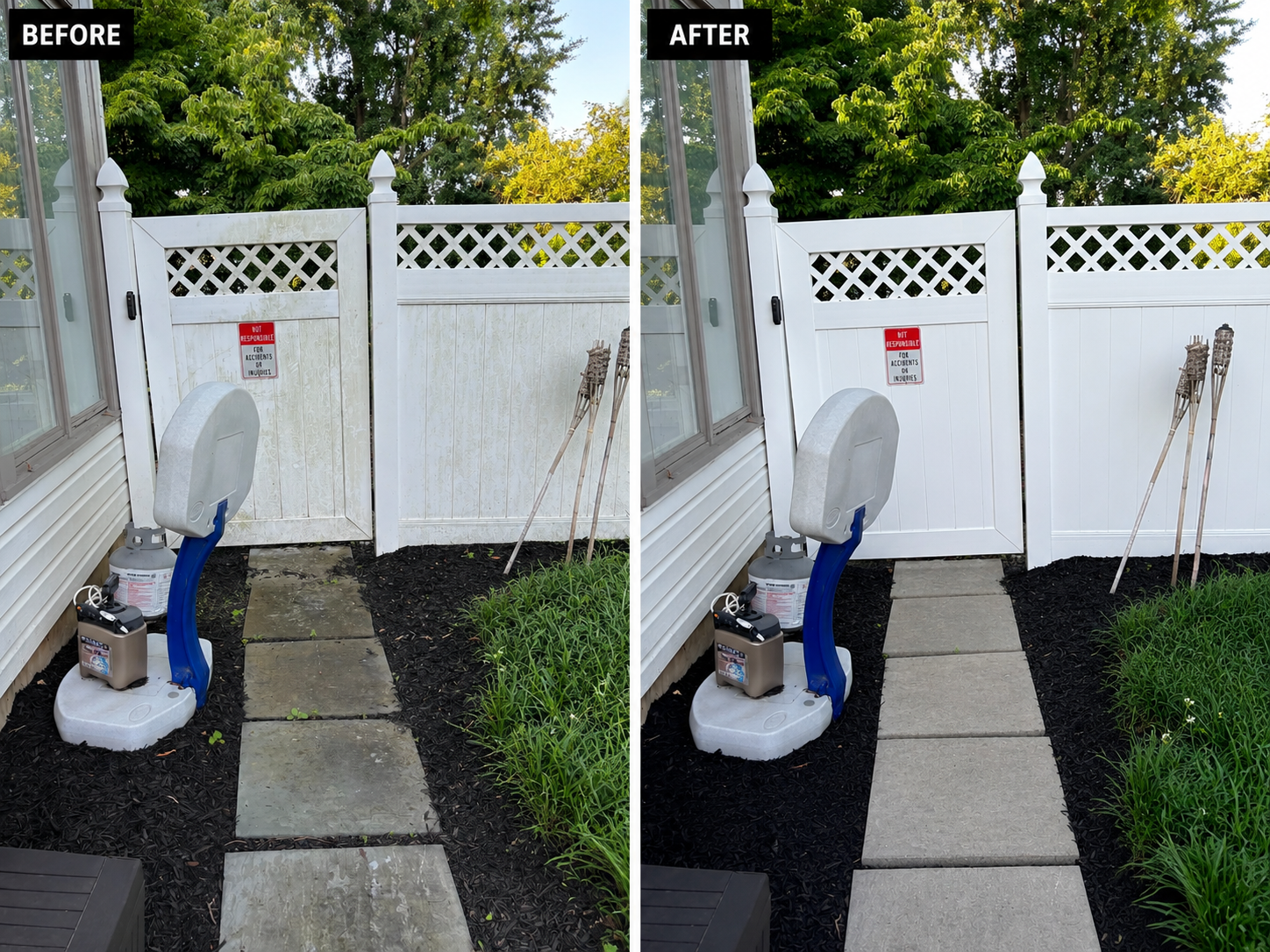 Vinyl fence cleaning before and after picture by   Red Helmet Power Washing in Pikesville, Maryland.
