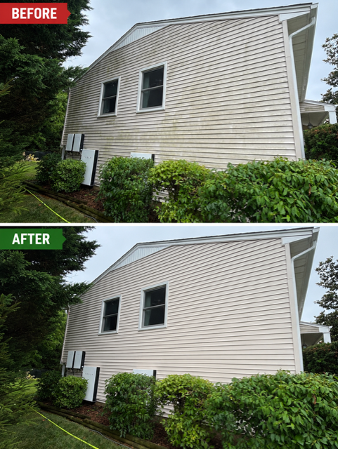 Before and after house soft washing by  Red Helmet Power Washing in Timonium, MD.
