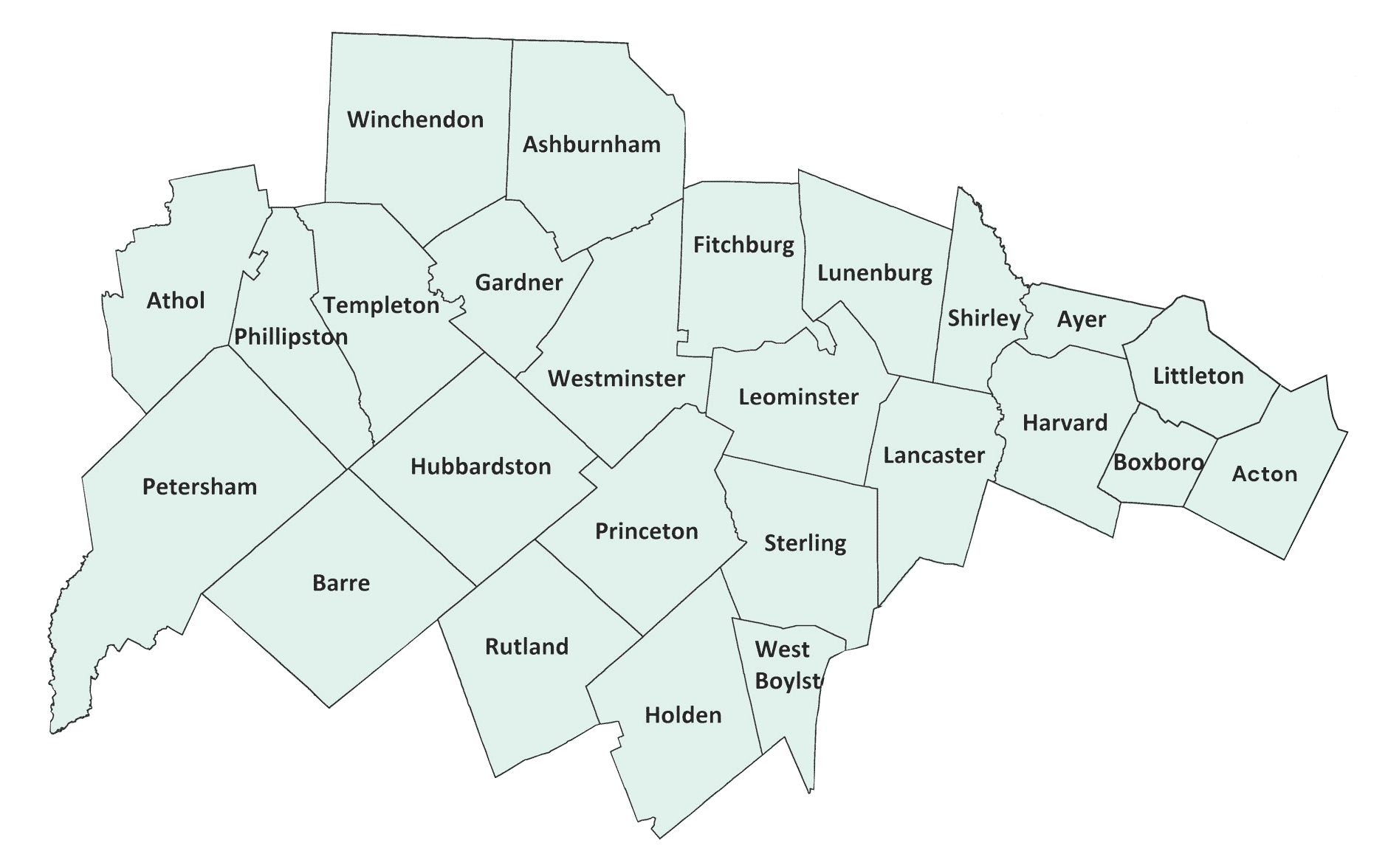 Map of Worcester and Middlesex Counties showing neighborhoods with labels including Winchendon, Lunenburg, Littleton, Acton, Boxboro, Harvard, Lancaster, Leominster, Sterling, Holden, Rutland, Princeton, Hubbardston, Westminster, Gardner, and others.