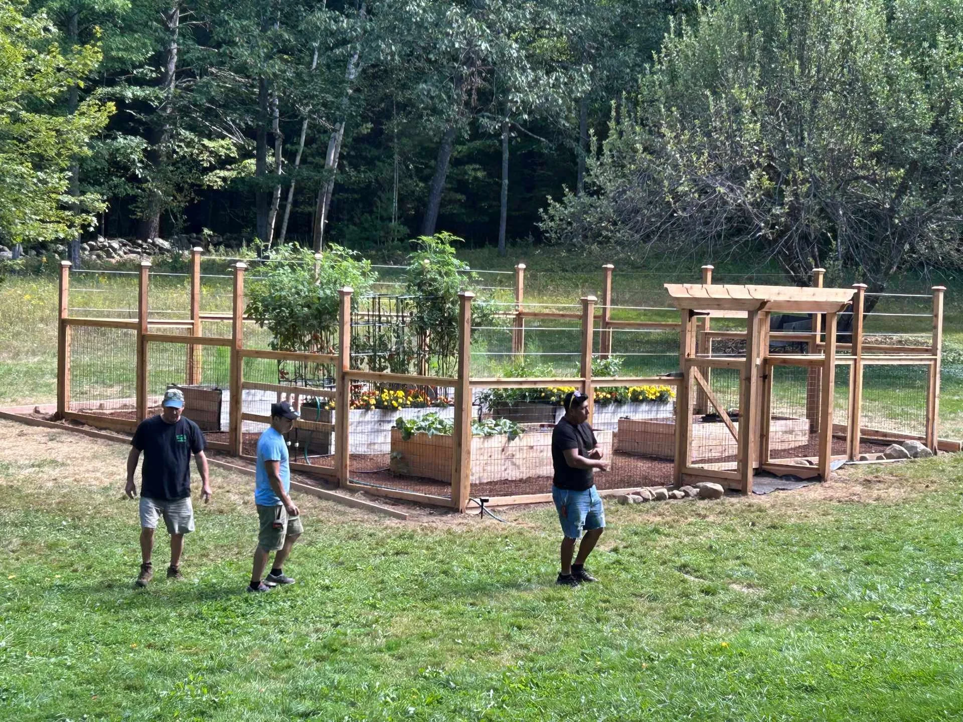 A custom cedar garden with raised wooden garden beds, enclosed by a wooden fence with stainless-steel cables, surrounded by trees, with three people walking on the grass in the foreground.