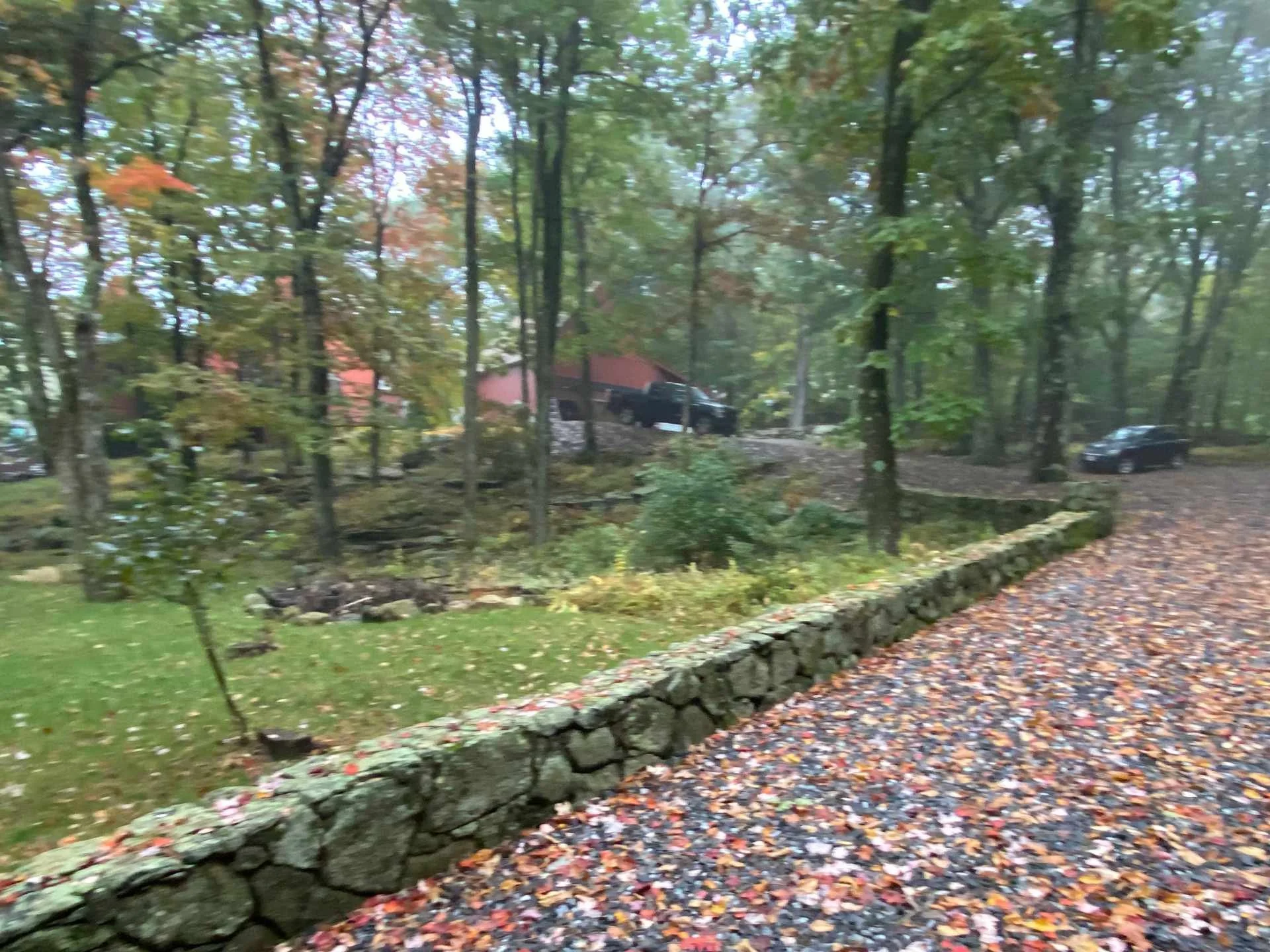 A path covered with colorful fallen leaves, with a stone border on the side. It is set in a lush green area with trees and a lawn, and a black pickup truck and a black car are visible parked among the trees.