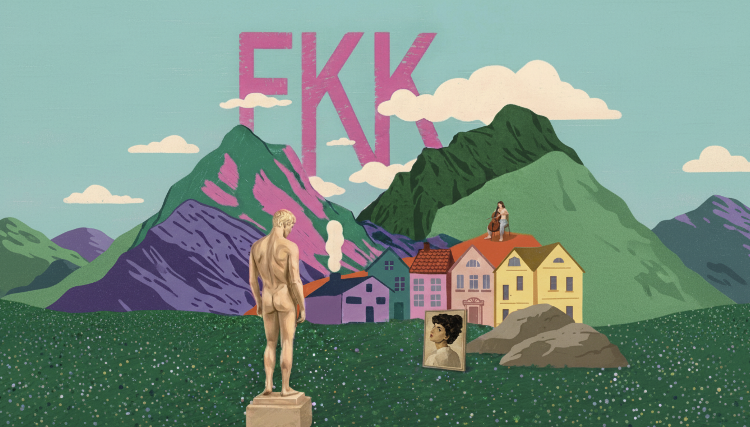 Künstlerische Collage mit Bergen im Hintergrund, bunten Häusern im mittleren Bereich, einer Skulptur eines nackten Mannes im Vordergrund, einem Gemälde eines Frauengesichts auf dem Boden, sowie einer Musikerin, die Cello spielt, auf einem Hausdach. Der Text ist groß und pink im Himmel sichtbar.