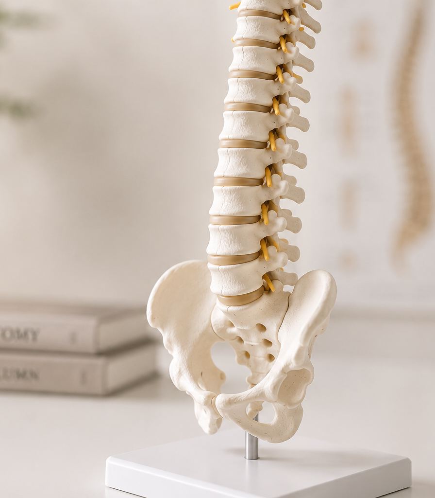 A detailed anatomical model of the human spine and pelvis on a stand, showing vertebrae, discs, and nerves.