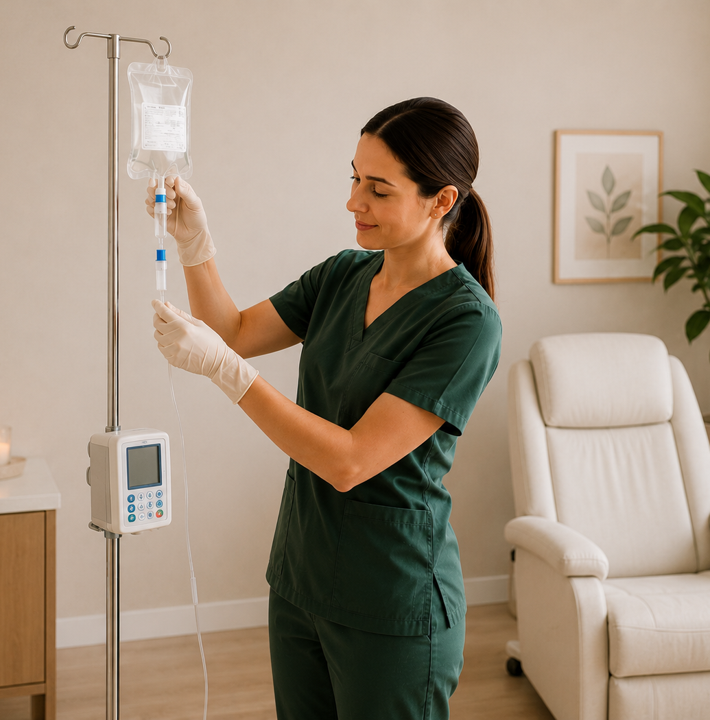 Registered Nurse preparing IV therapy treatment