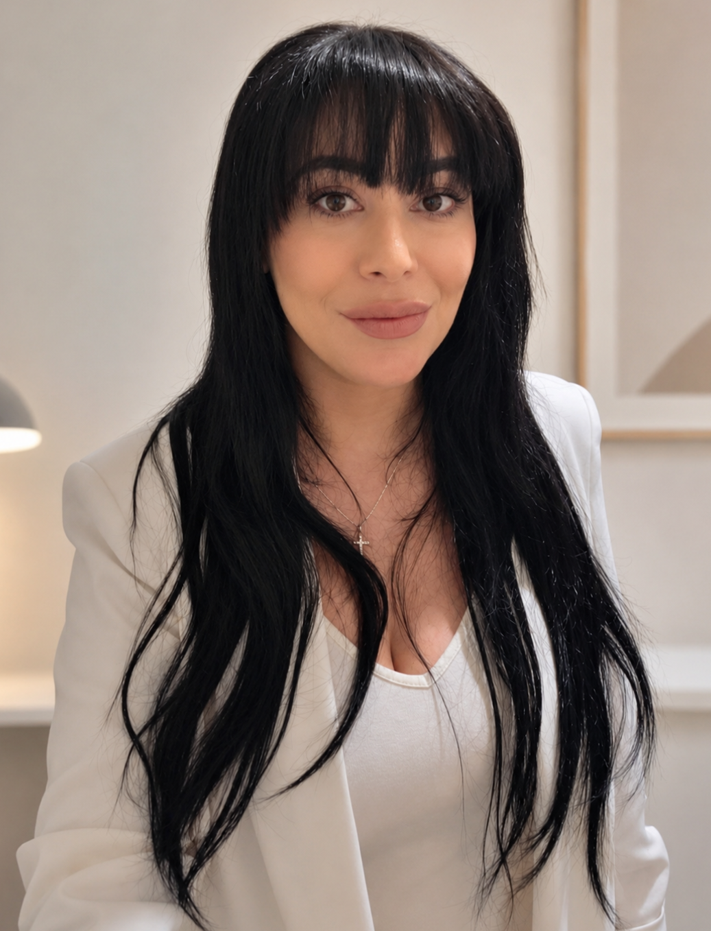 A woman with long black hair and bangs, wearing a white blazer and a cross necklace, smiling indoors with a neutral background.