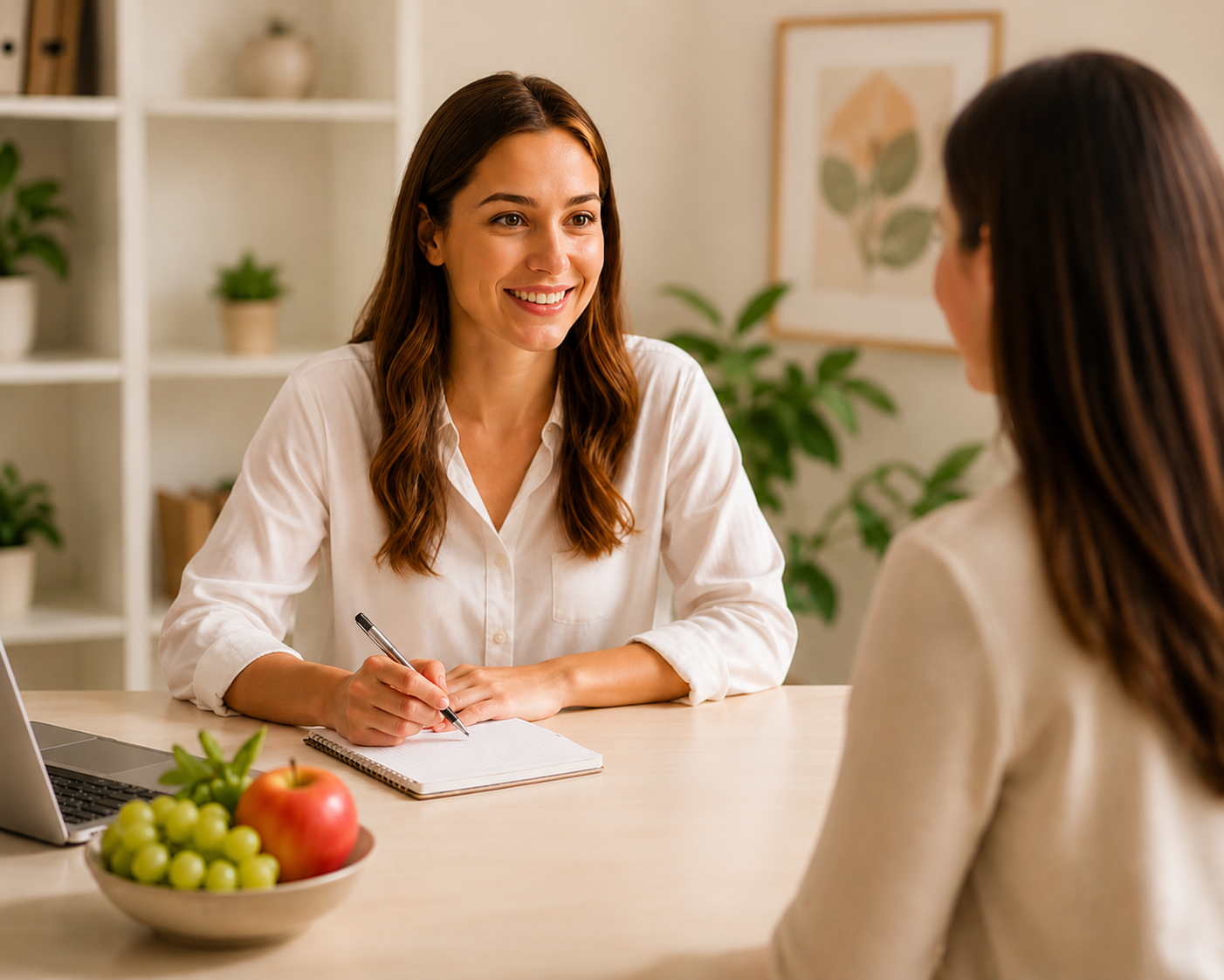 A woman with long brown hair smiling during an indoor interview or consultation. She is sitting at a desk with a notepad, pen, laptop, and a bowl of grapes and an apple.