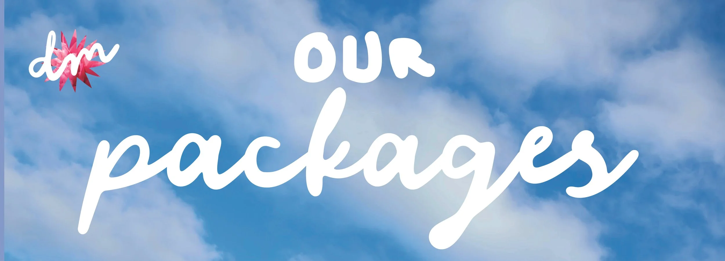 A blue sky with clouds and white text that reads 'our pack sizes' with a pink and white logo in the upper left corner.