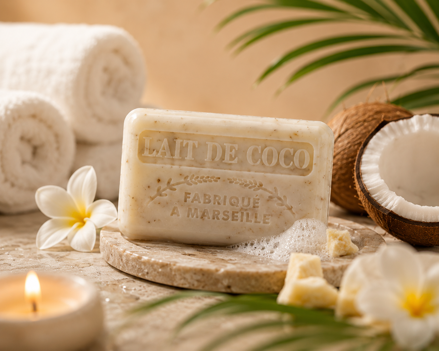A bar of coconut soap with French text, surrounded by coconuts, white flowers, and foam, on a natural stone surface with tropical leaves in the background.