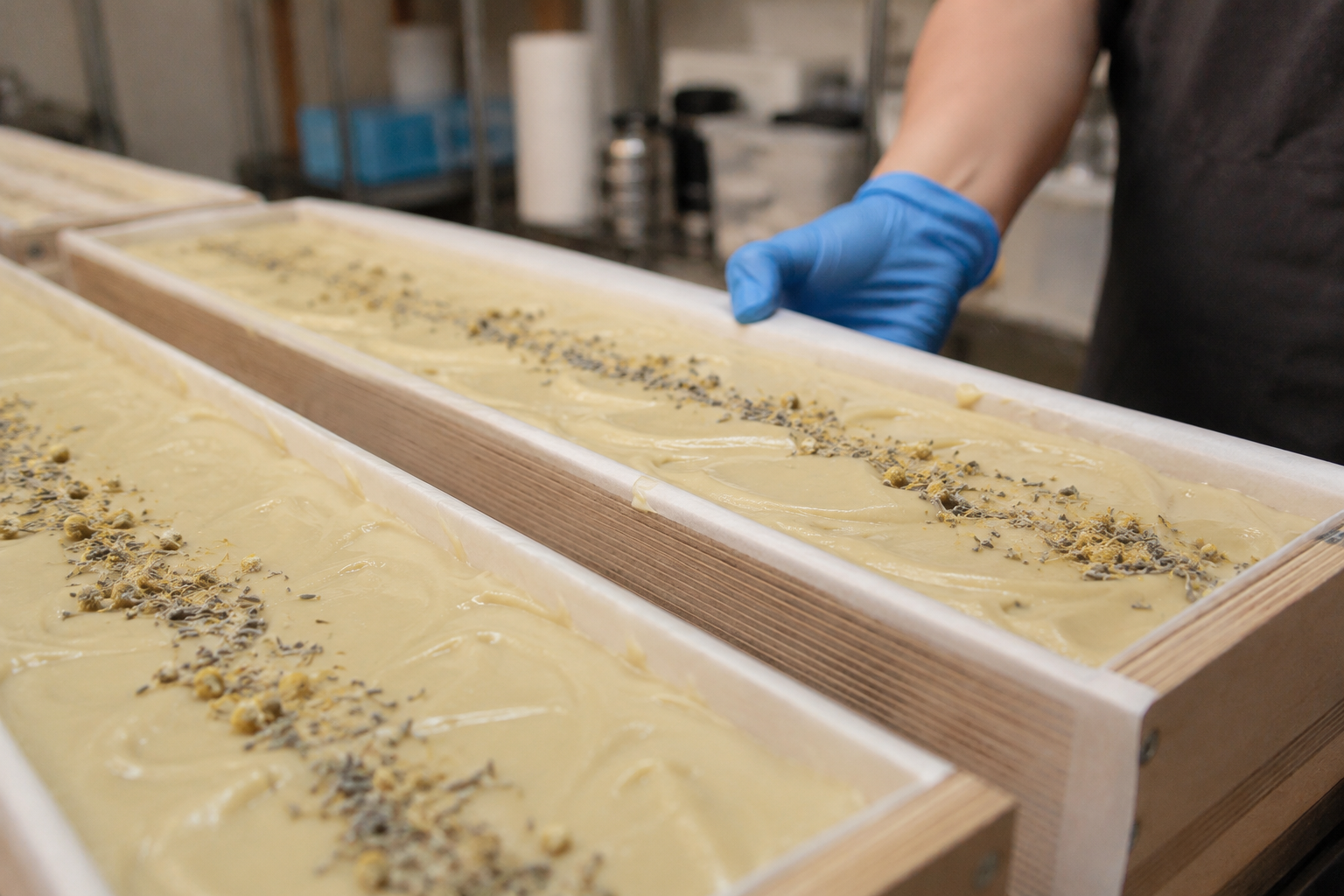 A person wearing a blue glove is preparing soap in wooden molds, with soap topped with herbs or seeds.